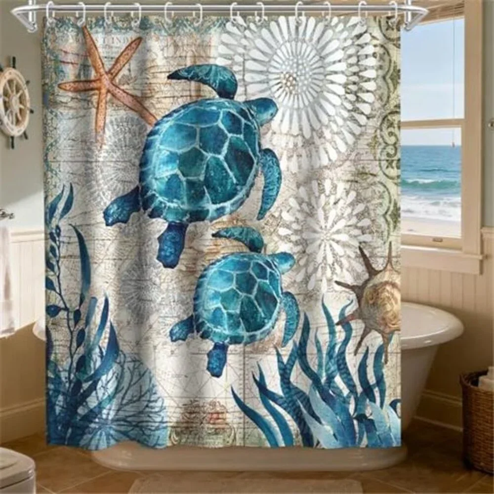Nautical Green Sea Turtles Beach Theme Fabric Shower Curtain Sets Bathroom Blue
